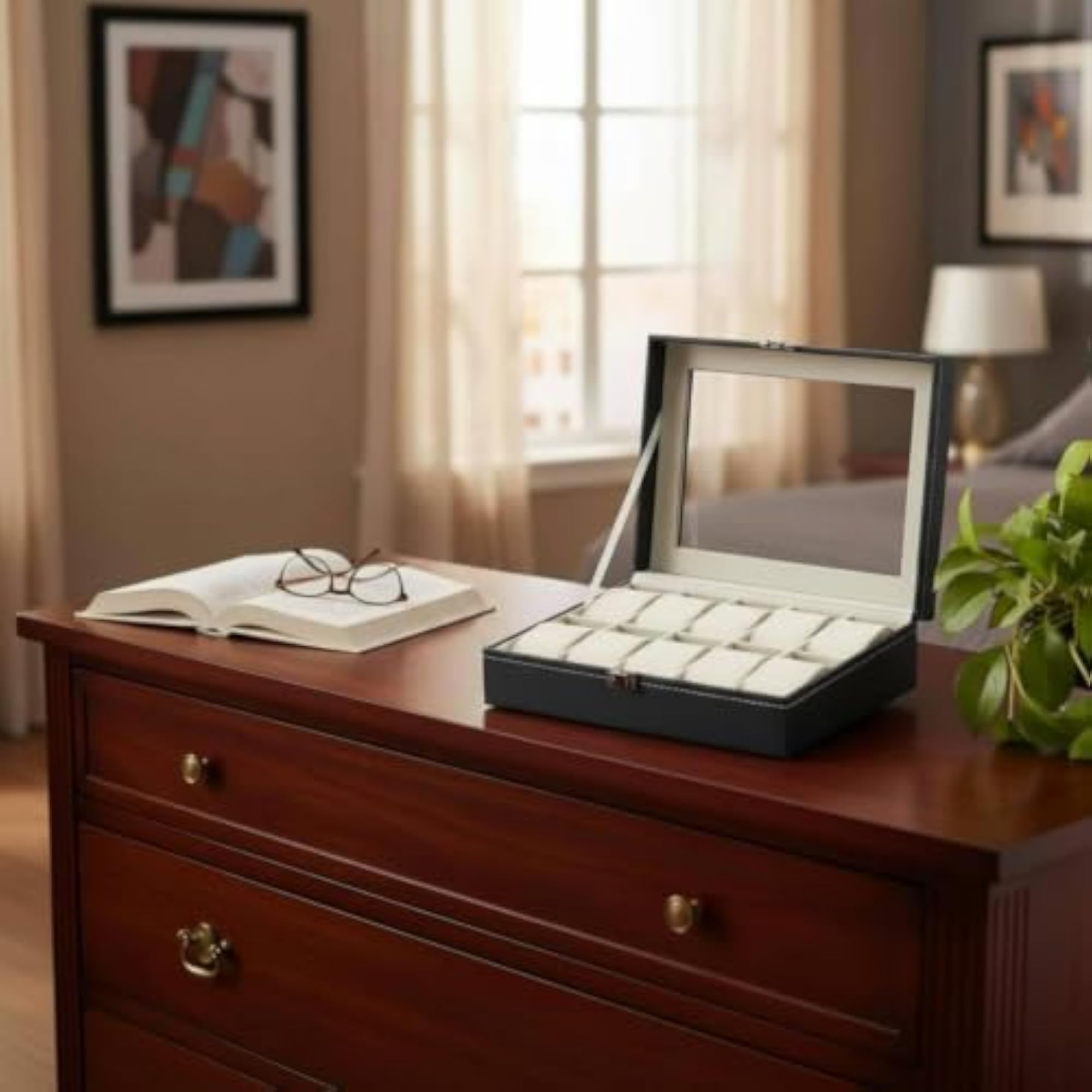 Glass Lid Watch Display Box with Padded Compartments